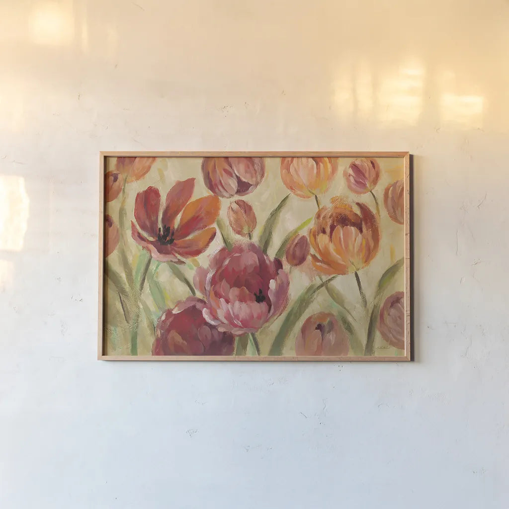 Expressive Tulips Neutral by Silvia Vassileva. shown as a paper print in a natural frame. Available as a archival giclee rolled canvas, fine art paper, or poster print. SKU 29160i.