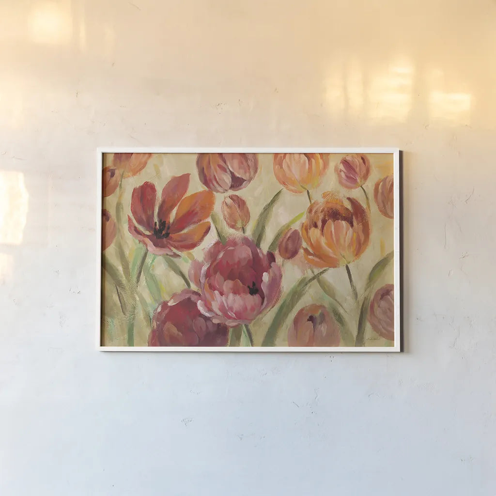 Expressive Tulips Neutral by Silvia Vassileva. shown as a paper print in a white frame. Available as a archival giclee rolled canvas, fine art paper, or poster print. SKU 29160i.