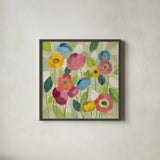 Fairy Tale Flowers I by Silvia Vassileva. Shown in a sleek black glass frame for a contemporary gallery look. Available as an archival giclee rolled canvas, fine art paper, or poster print. SKU 18797a.
