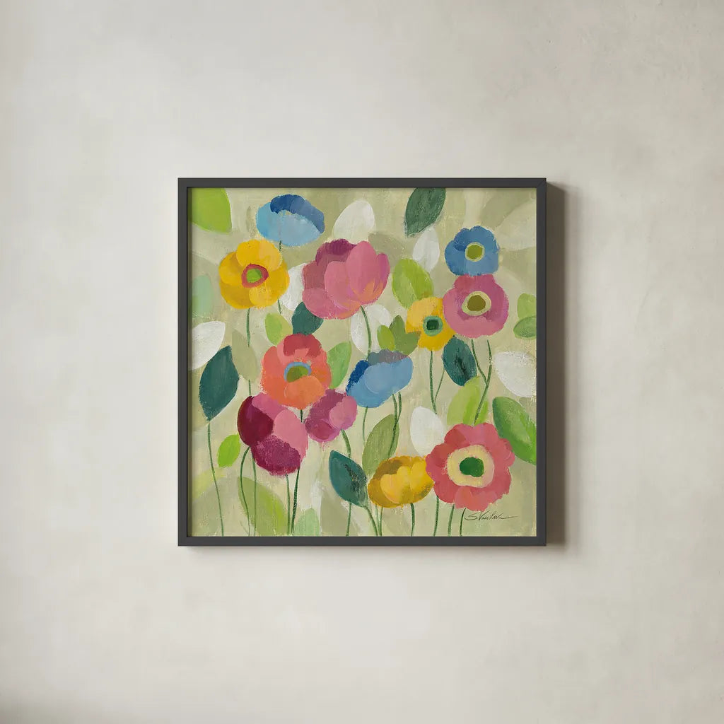 Fairy Tale Flowers I by Silvia Vassileva. Shown in a sleek black glass frame for a contemporary gallery look. Available as an archival giclee rolled canvas, fine art paper, or poster print. SKU 18797a.