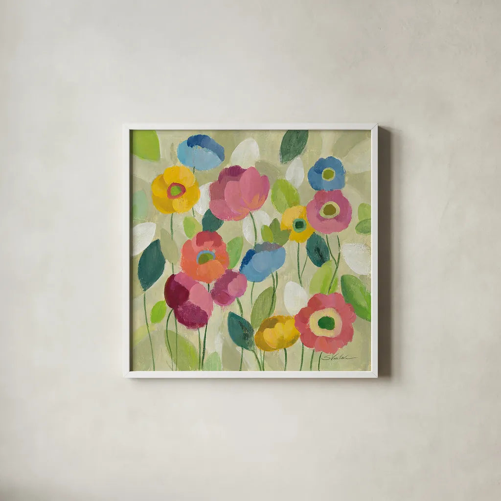 Fairy Tale Flowers I by Silvia Vassileva. Shown in a crisp white glass frame for a clean and minimalist style. Available as an archival giclee rolled canvas, fine art paper, or poster print. SKU 18797a.