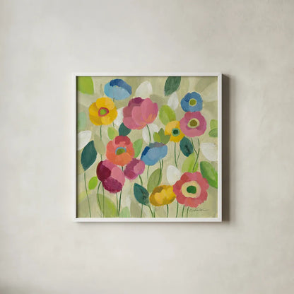 Fairy Tale Flowers I by Silvia Vassileva. Shown in a crisp white glass frame for a clean and minimalist style. Available as an archival giclee rolled canvas, fine art paper, or poster print. SKU 18797a.