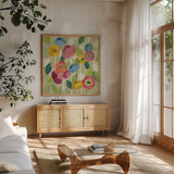 Fairy Tale Flowers I by Silvia Vassileva. Shown in a natural wood frame in a cozy modern living room. Available as an archival giclee rolled canvas, fine art paper, or poster print. SKU 18797a.