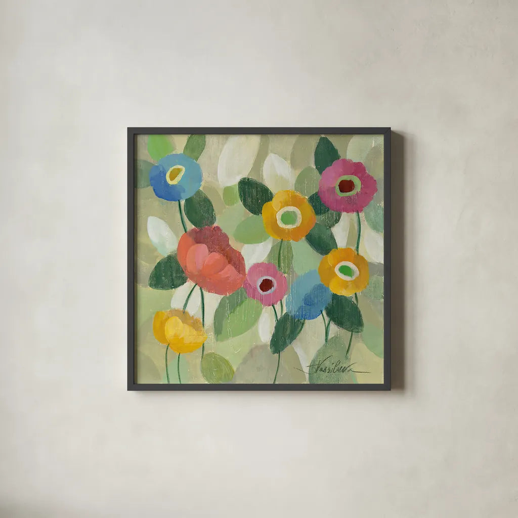 Fairy Tale Flowers II by Silvia Vassileva. Shown in a sleek black glass frame for a contemporary gallery look. Available as an archival giclee rolled canvas, fine art paper, or poster print. SKU 18798a.