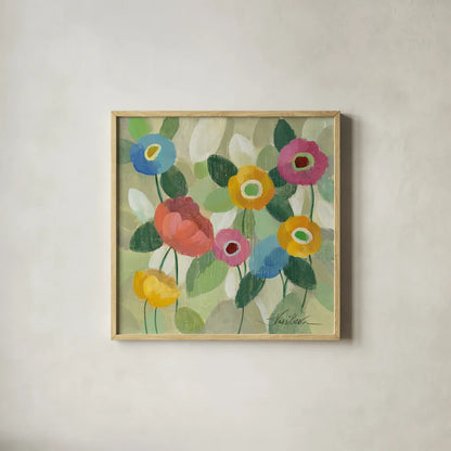 Fairy Tale Flowers II by Silvia Vassileva. Shown in a natural wood glass frame for a timeless modern aesthetic. Available as an archival giclee rolled canvas, fine art paper, or poster print. SKU 18798a.
