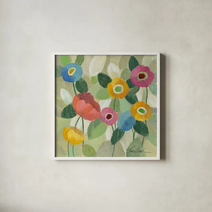 Fairy Tale Flowers II by Silvia Vassileva. Shown in a crisp white glass frame for a clean and minimalist style. Available as an archival giclee rolled canvas, fine art paper, or poster print. SKU 18798a.