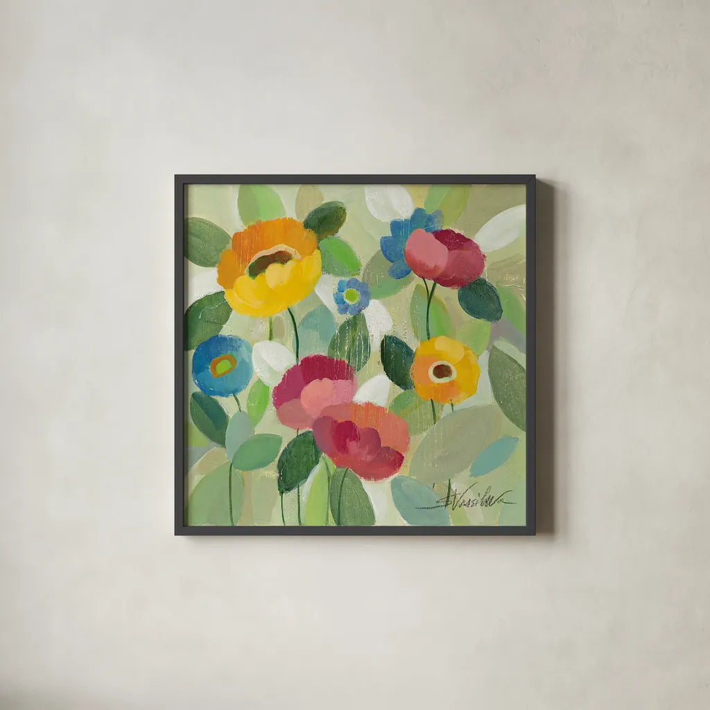 Fairy Tale Flowers III by Silvia Vassileva. Shown in a sleek black glass frame for a contemporary gallery look. Available as an archival giclee rolled canvas, fine art paper, or poster print. SKU 18799a.
