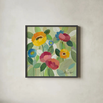 Fairy Tale Flowers III by Silvia Vassileva. Shown in a sleek black glass frame for a contemporary gallery look. Available as an archival giclee rolled canvas, fine art paper, or poster print. SKU 18799a.