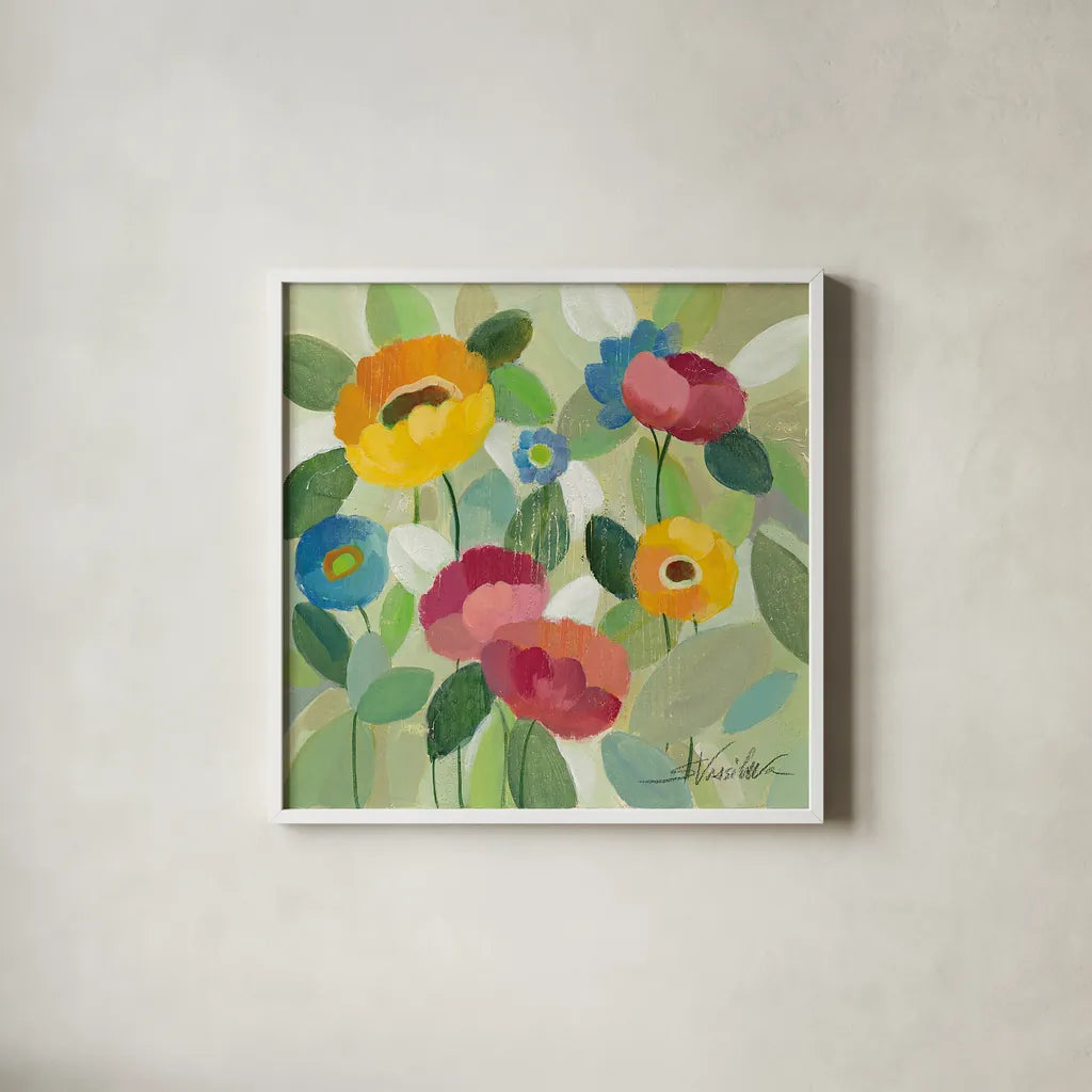 Fairy Tale Flowers III by Silvia Vassileva. Shown in a crisp white glass frame for a clean and minimalist style. Available as an archival giclee rolled canvas, fine art paper, or poster print. SKU 18799a.