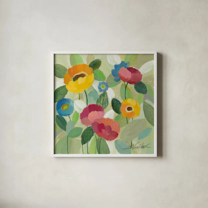 Fairy Tale Flowers III by Silvia Vassileva. Shown in a crisp white glass frame for a clean and minimalist style. Available as an archival giclee rolled canvas, fine art paper, or poster print. SKU 18799a.