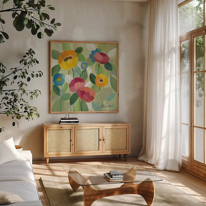 Fairy Tale Flowers III by Silvia Vassileva. Shown in a natural wood frame in a cozy modern living room. Available as an archival giclee rolled canvas, fine art paper, or poster print. SKU 18799a.