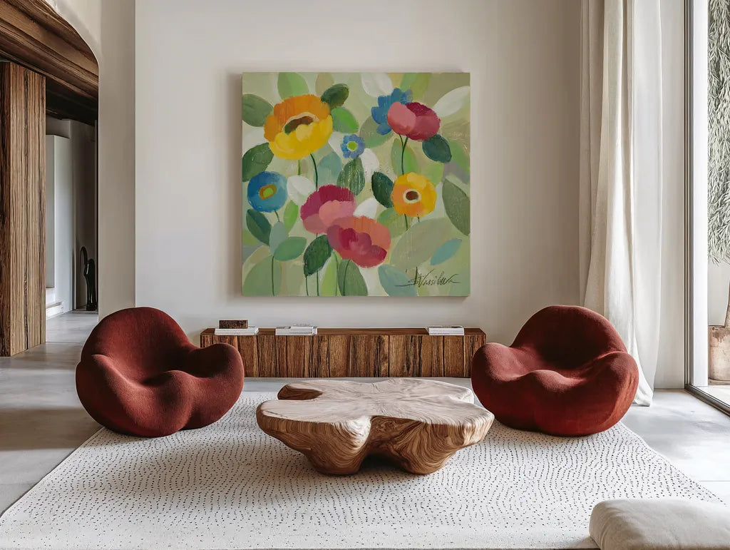 Fairy Tale Flowers III by Silvia Vassileva. Shown as extra-large giant wall art in a modern living room. Available as an archival giclee rolled canvas, fine art paper, or poster print. SKU 18799a.