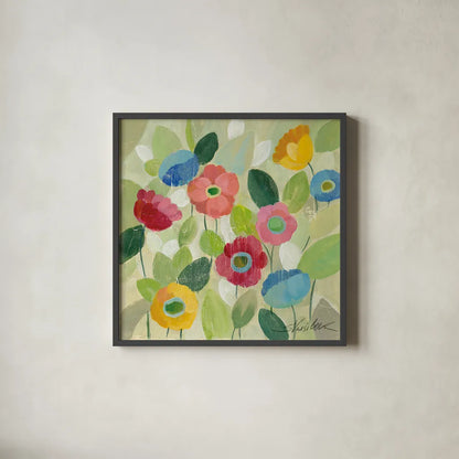 Fairy Tale Flowers IV by Silvia Vassileva. Shown in a sleek black glass frame for a contemporary gallery look. Available as an archival giclee rolled canvas, fine art paper, or poster print. SKU 18800a.