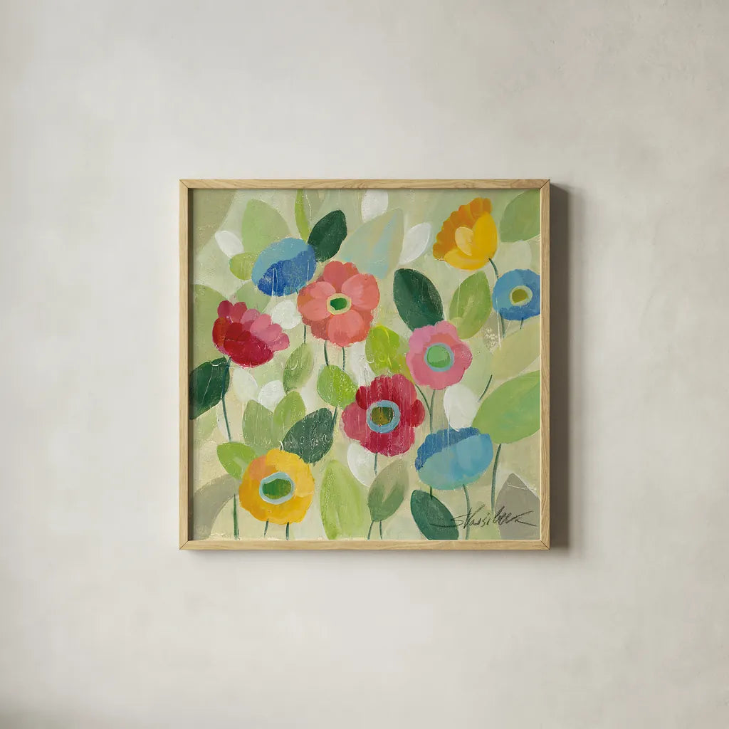 Fairy Tale Flowers IV by Silvia Vassileva. Shown in a natural wood glass frame for a timeless modern aesthetic. Available as an archival giclee rolled canvas, fine art paper, or poster print. SKU 18800a.