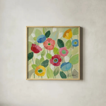 Fairy Tale Flowers IV by Silvia Vassileva. Shown in a natural wood glass frame for a timeless modern aesthetic. Available as an archival giclee rolled canvas, fine art paper, or poster print. SKU 18800a.