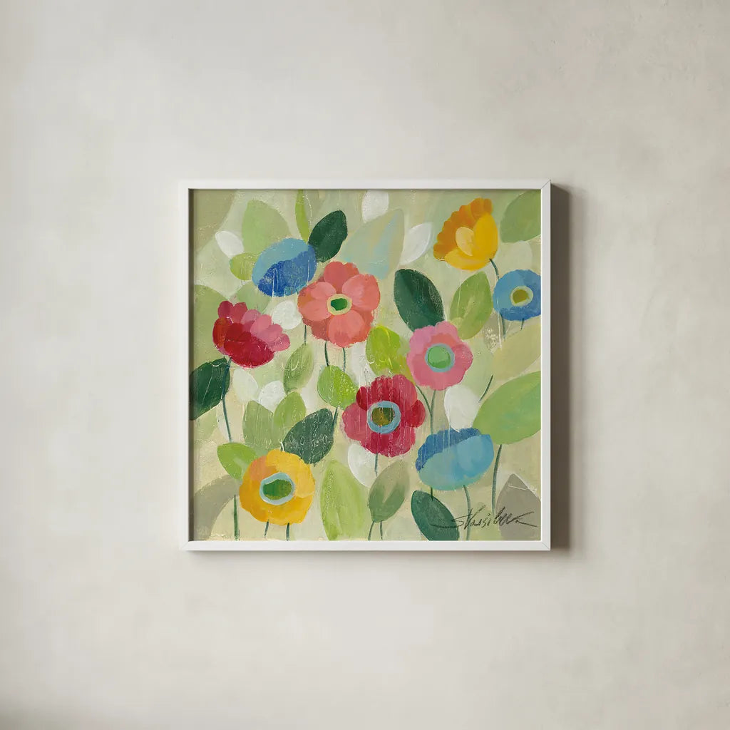 Fairy Tale Flowers IV by Silvia Vassileva. Shown in a crisp white glass frame for a clean and minimalist style. Available as an archival giclee rolled canvas, fine art paper, or poster print. SKU 18800a.