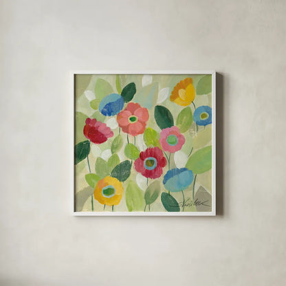 Fairy Tale Flowers IV by Silvia Vassileva. Shown in a crisp white glass frame for a clean and minimalist style. Available as an archival giclee rolled canvas, fine art paper, or poster print. SKU 18800a.