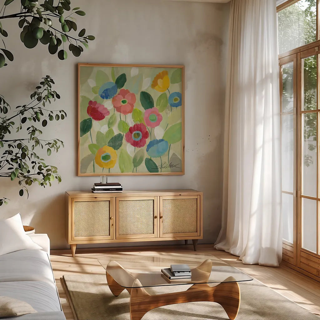 Fairy Tale Flowers IV by Silvia Vassileva. Shown in a natural wood frame in a cozy modern living room. Available as an archival giclee rolled canvas, fine art paper, or poster print. SKU 18800a.