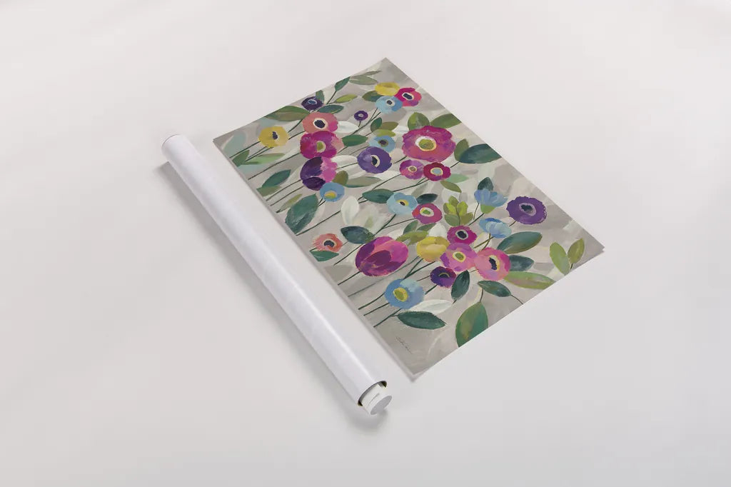 Fairy Tale Flowers V Pink by Silvia Vassileva. shown as a rolled paper print. Available as archival giclee rolled canvas, fine art paper, or poster print. SKU 29183i.