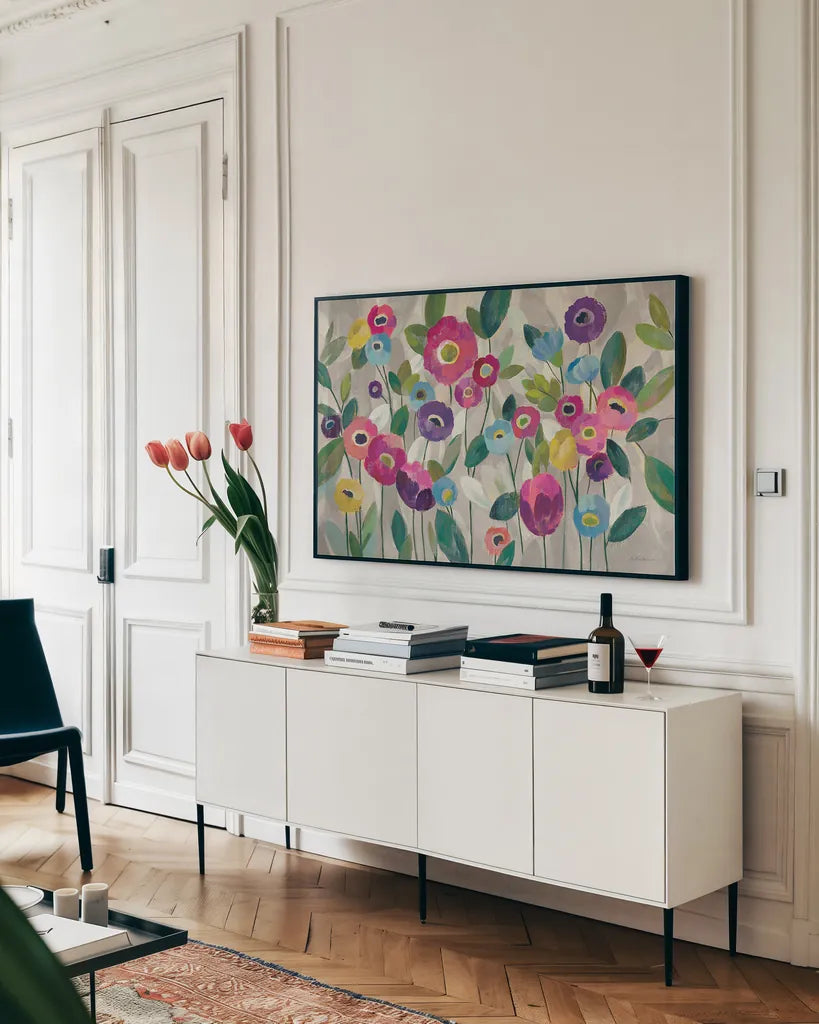 Fairy Tale Flowers V Pink by Silvia Vassileva. shown as a framed stretched canvas in a living room above a console. Available as a archival giclee rolled canvas, fine art paper, or poster print. SKU 29183i.