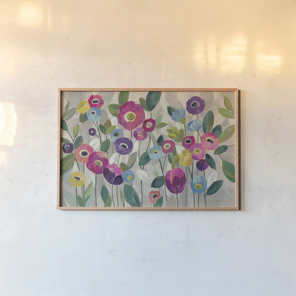 Fairy Tale Flowers V Pink by Silvia Vassileva. shown as a paper print in a natural frame. Available as a archival giclee rolled canvas, fine art paper, or poster print. SKU 29183i.