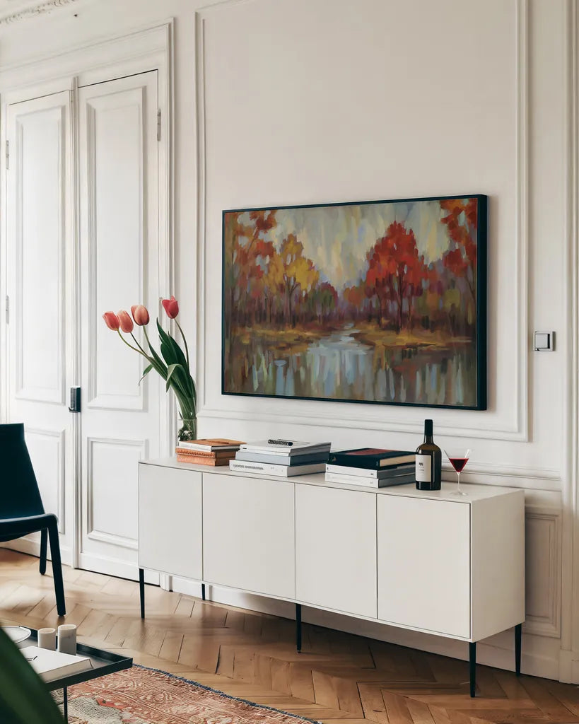 Fall Aquarelle by Silvia Vassileva. shown as a framed stretched canvas in a living room above a console. Available as a archival giclee rolled canvas, fine art paper, or poster print. SKU 50136i.