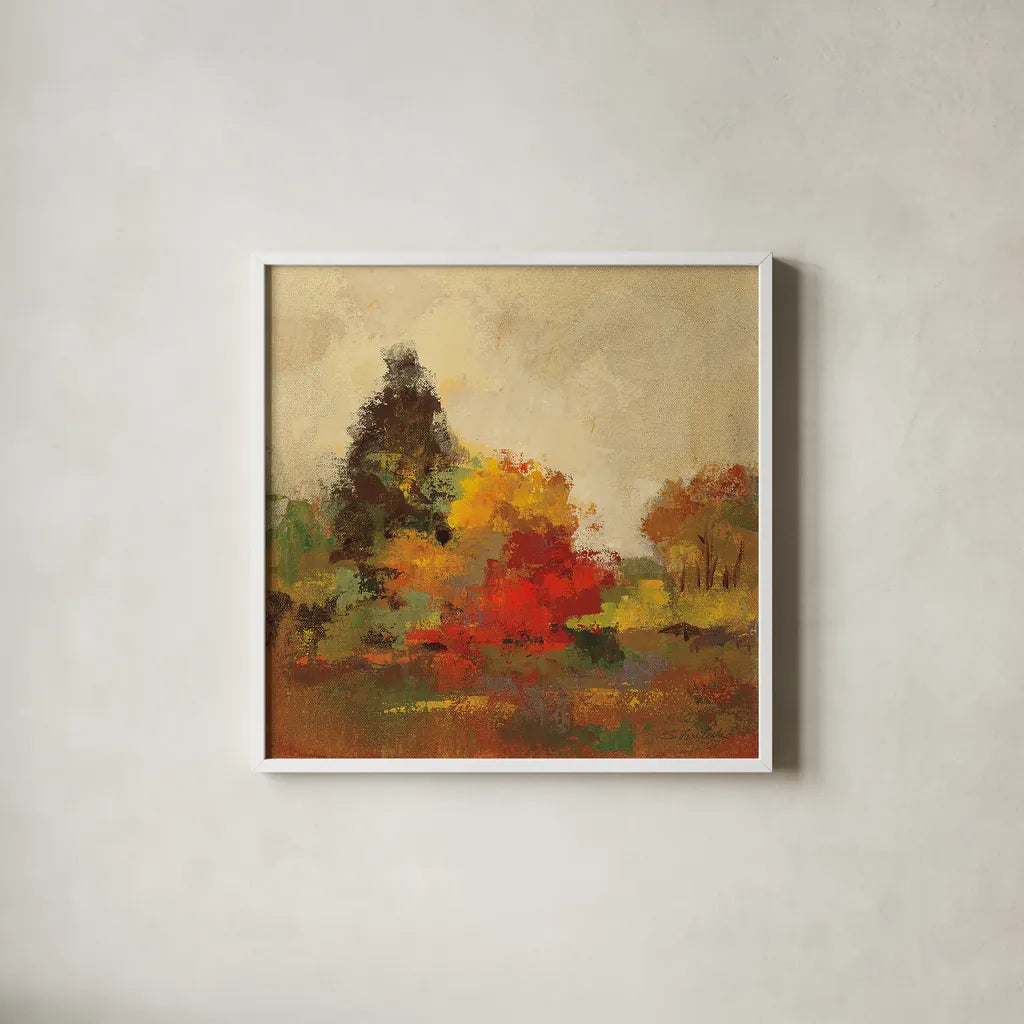 Fall Forest I by Silvia Vassileva. Shown in a crisp white glass frame for a clean and minimalist style. Available as an archival giclee rolled canvas, fine art paper, or poster print. SKU 11247a.