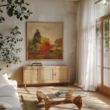 Fall Forest I by Silvia Vassileva. Shown in a natural wood frame in a cozy modern living room. Available as an archival giclee rolled canvas, fine art paper, or poster print. SKU 11247a.
