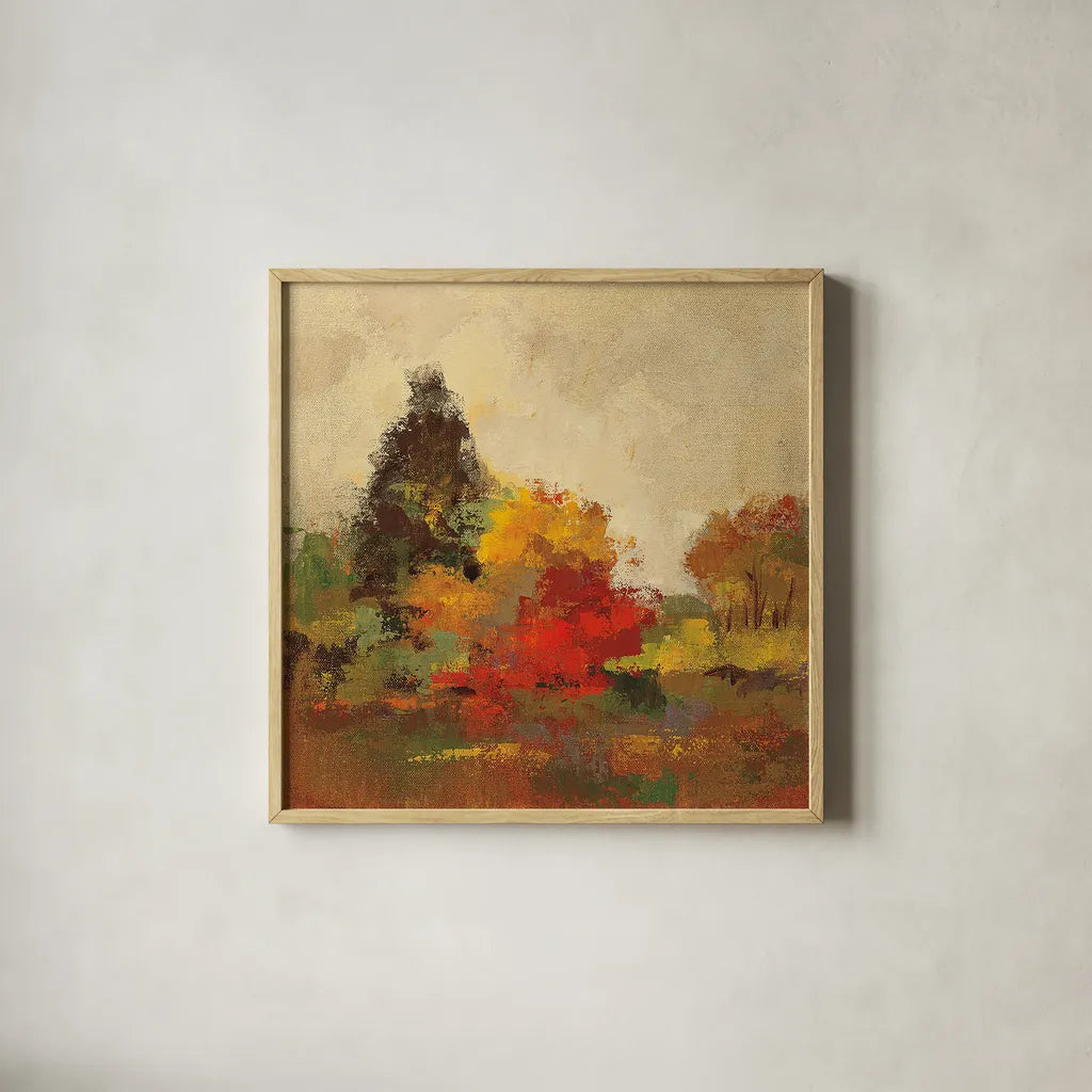 Fall Forest I by Silvia Vassileva. Shown in a natural wood glass frame for a timeless modern aesthetic. Available as an archival giclee rolled canvas, fine art paper, or poster print. SKU 15820a.