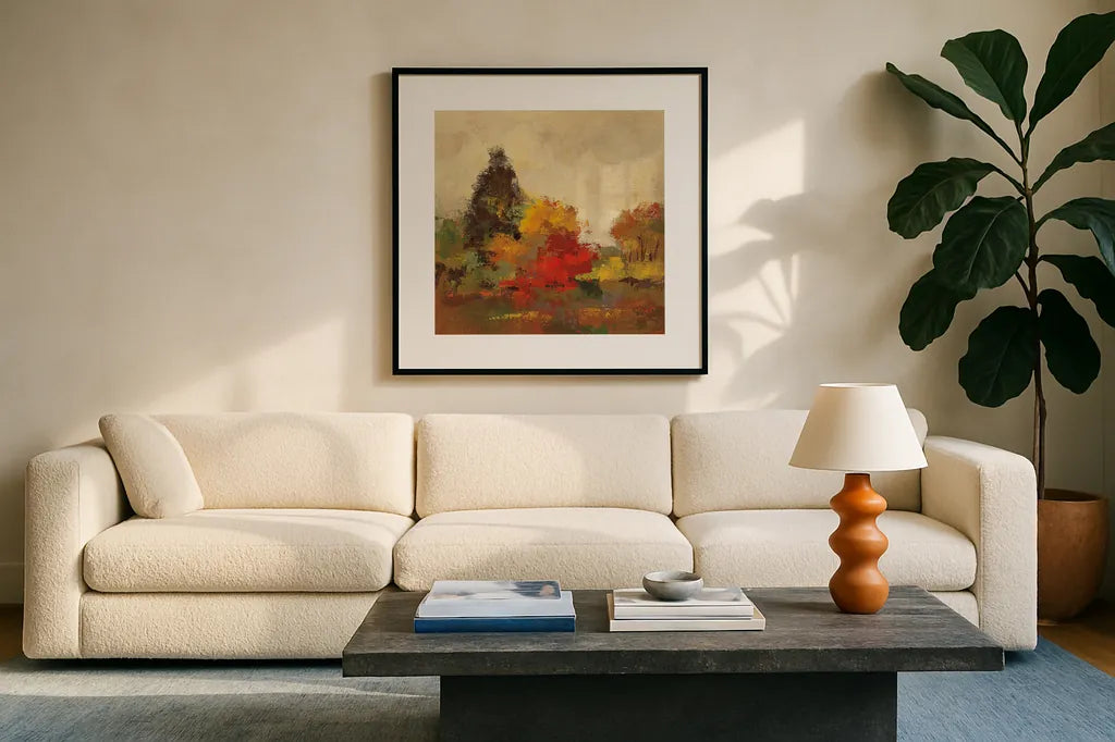Fall Forest I by Silvia Vassileva. Displayed in a glass frame with matte in a clean modern living room. Available as an archival giclee rolled canvas, fine art paper, or poster print. SKU 15820a.