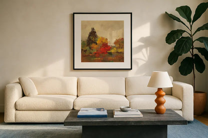 Fall Forest I by Silvia Vassileva. Displayed in a glass frame with matte in a clean modern living room. Available as an archival giclee rolled canvas, fine art paper, or poster print. SKU 15820a.