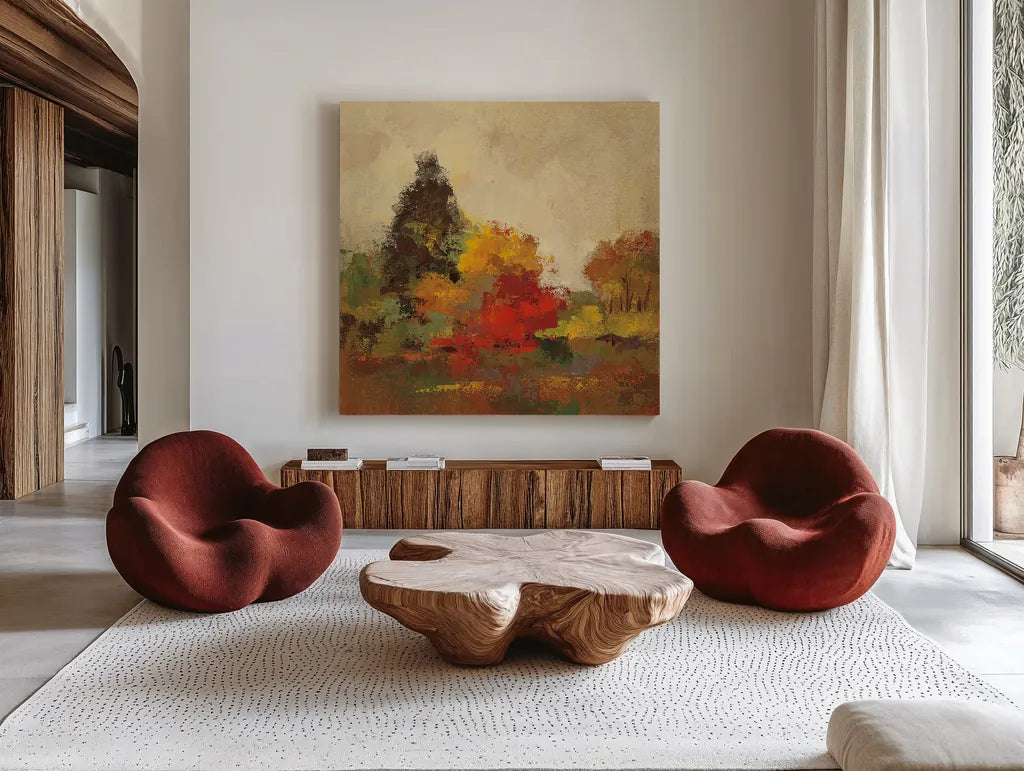 Fall Forest I by Silvia Vassileva. Shown as extra-large giant wall art in a modern living room. Available as an archival giclee rolled canvas, fine art paper, or poster print. SKU 15820a.