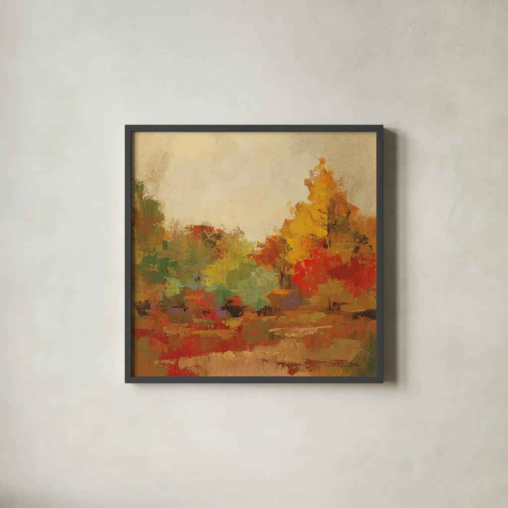Fall Forest II by Silvia Vassileva. Shown in a sleek black glass frame for a contemporary gallery look. Available as an archival giclee rolled canvas, fine art paper, or poster print. SKU 11248a.