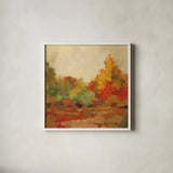 Fall Forest II by Silvia Vassileva. Shown in a crisp white glass frame for a clean and minimalist style. Available as an archival giclee rolled canvas, fine art paper, or poster print. SKU 11248a.