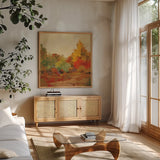 Fall Forest II by Silvia Vassileva. Shown in a natural wood frame in a cozy modern living room. Available as an archival giclee rolled canvas, fine art paper, or poster print. SKU 11248a.