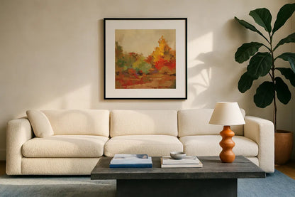 Fall Forest II by Silvia Vassileva. Displayed in a glass frame with matte in a clean modern living room. Available as an archival giclee rolled canvas, fine art paper, or poster print. SKU 11248a.