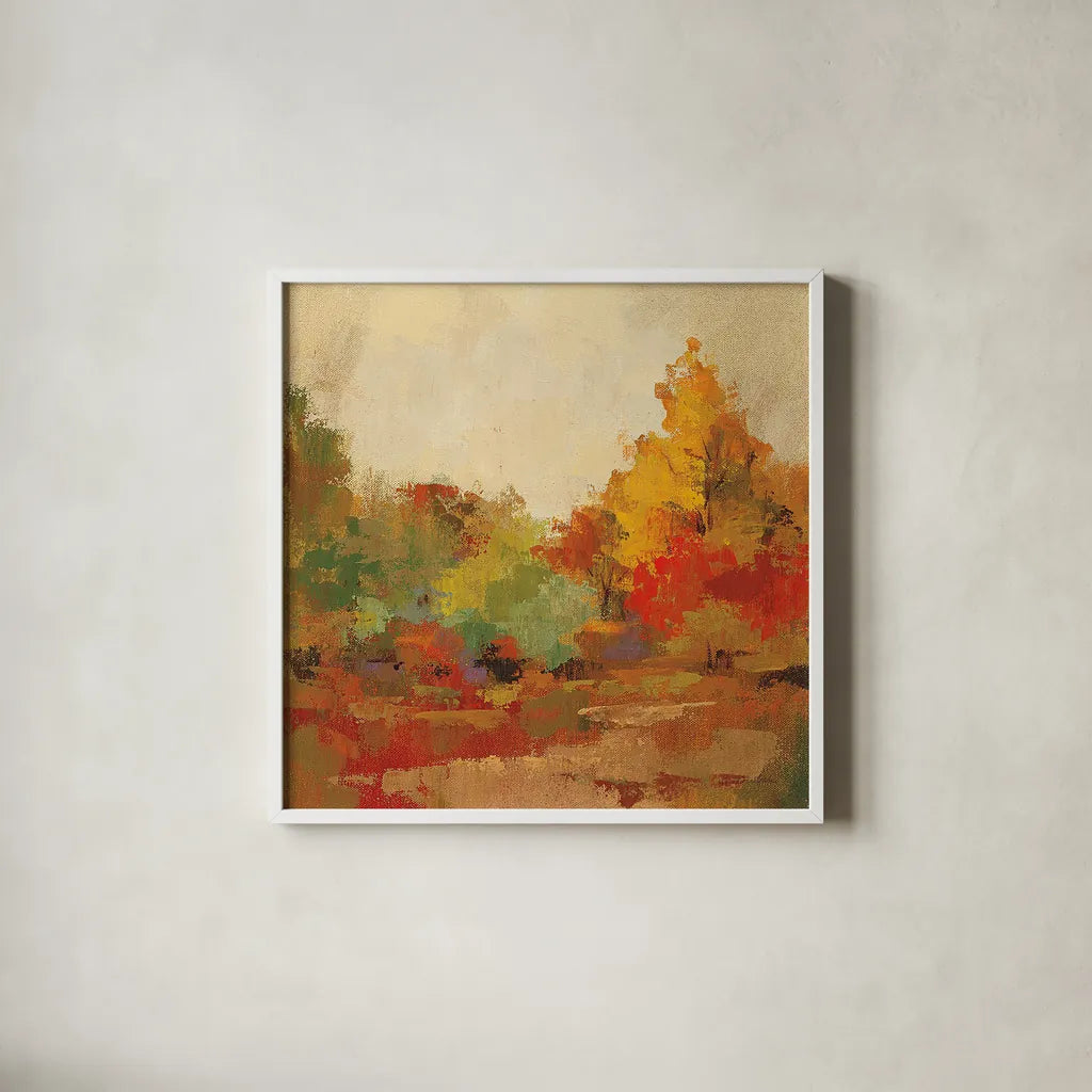 Fall Forest II by Silvia Vassileva. Shown in a crisp white glass frame for a clean and minimalist style. Available as an archival giclee rolled canvas, fine art paper, or poster print. SKU 15821a.