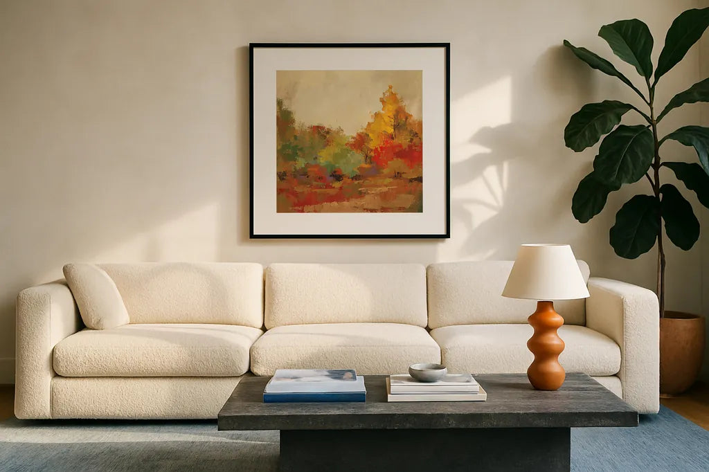 Fall Forest II by Silvia Vassileva. Displayed in a glass frame with matte in a clean modern living room. Available as an archival giclee rolled canvas, fine art paper, or poster print. SKU 15821a.