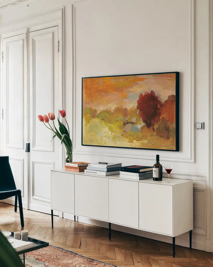 Fall Glory by Silvia Vassileva. shown as a framed stretched canvas in a living room above a console. Available as a archival giclee rolled canvas, fine art paper, or poster print. SKU 28107i.