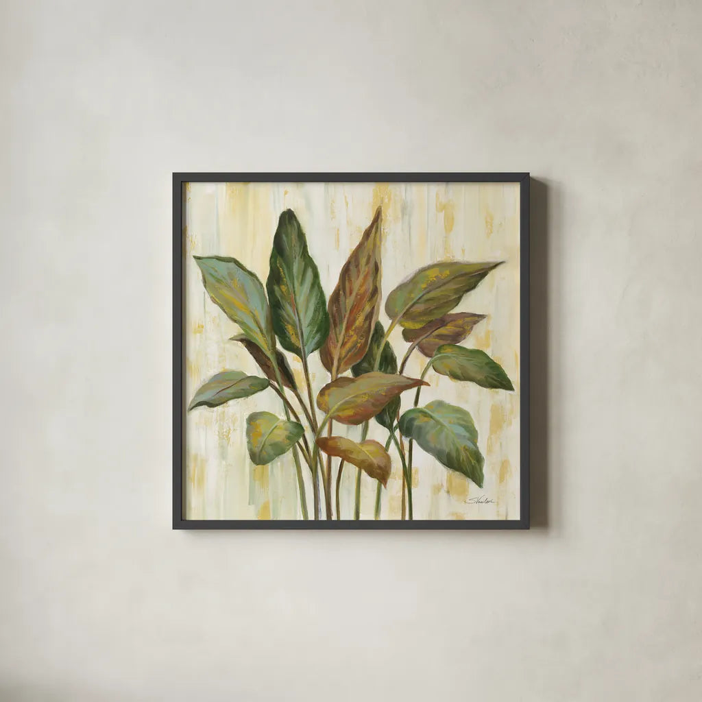 Fall Greenhouse Leaves by Silvia Vassileva. Shown in a sleek black glass frame for a contemporary gallery look. Available as an archival giclee rolled canvas, fine art paper, or poster print. SKU 68337a.