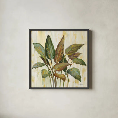 Fall Greenhouse Leaves by Silvia Vassileva. Shown in a sleek black glass frame for a contemporary gallery look. Available as an archival giclee rolled canvas, fine art paper, or poster print. SKU 68337a.