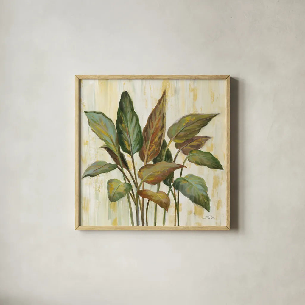Fall Greenhouse Leaves by Silvia Vassileva. Shown in a natural wood glass frame for a timeless modern aesthetic. Available as an archival giclee rolled canvas, fine art paper, or poster print. SKU 68337a.