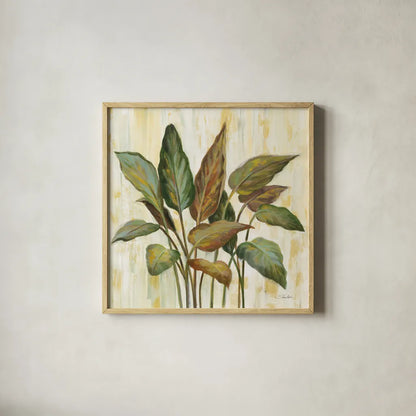 Fall Greenhouse Leaves by Silvia Vassileva. Shown in a natural wood glass frame for a timeless modern aesthetic. Available as an archival giclee rolled canvas, fine art paper, or poster print. SKU 68337a.