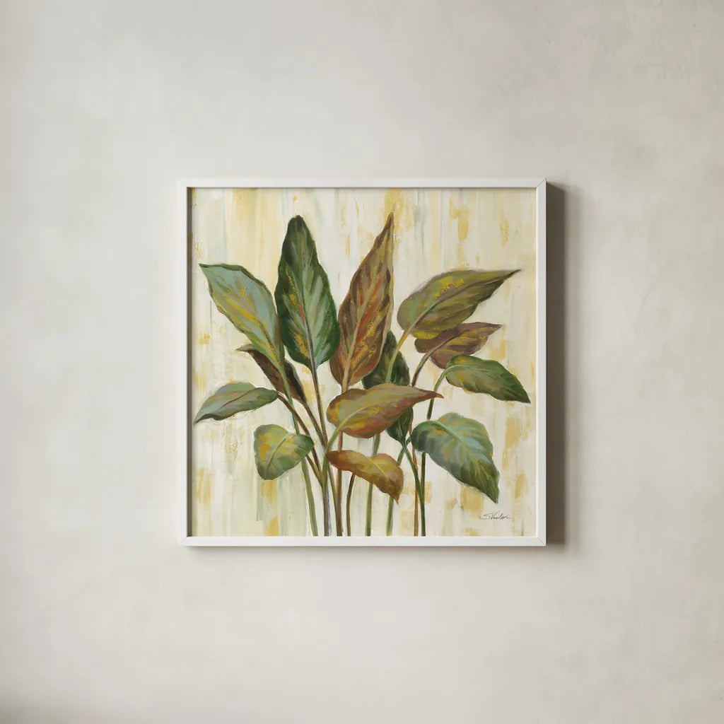 Fall Greenhouse Leaves by Silvia Vassileva. Shown in a crisp white glass frame for a clean and minimalist style. Available as an archival giclee rolled canvas, fine art paper, or poster print. SKU 68337a.