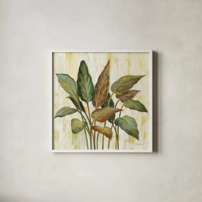 Fall Greenhouse Leaves by Silvia Vassileva. Shown in a crisp white glass frame for a clean and minimalist style. Available as an archival giclee rolled canvas, fine art paper, or poster print. SKU 68337a.