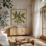 Fall Greenhouse Leaves by Silvia Vassileva. Shown in a natural wood frame in a cozy modern living room. Available as an archival giclee rolled canvas, fine art paper, or poster print. SKU 68337a.