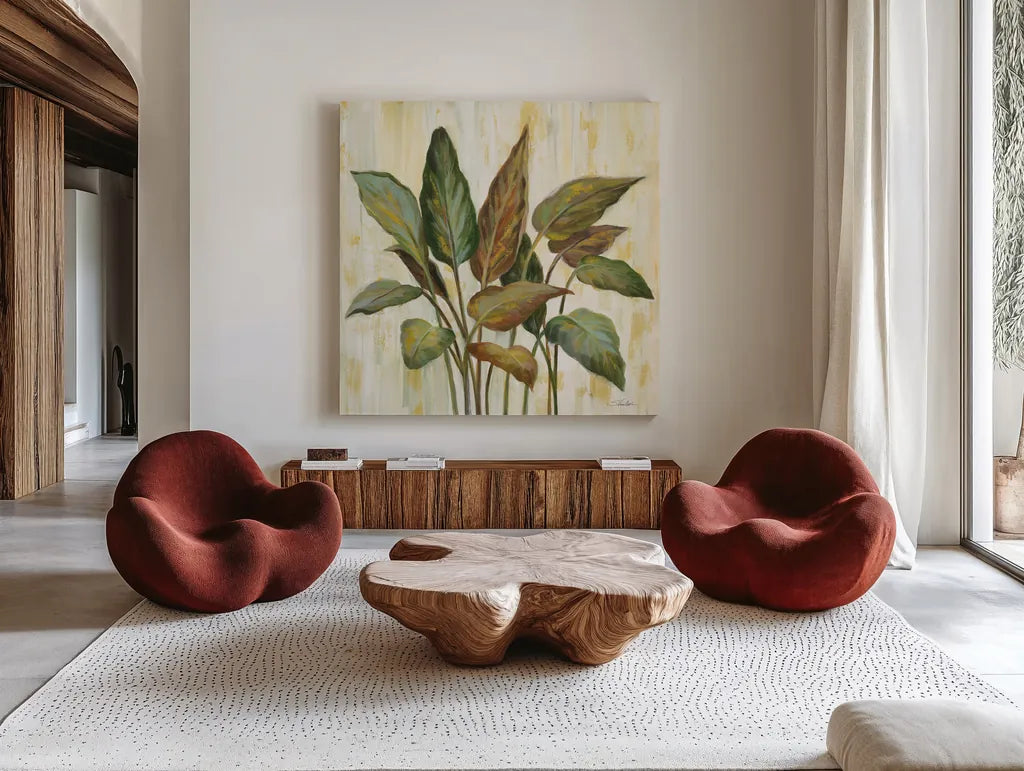 Fall Greenhouse Leaves by Silvia Vassileva. Shown as extra-large giant wall art in a modern living room. Available as an archival giclee rolled canvas, fine art paper, or poster print. SKU 68337a.