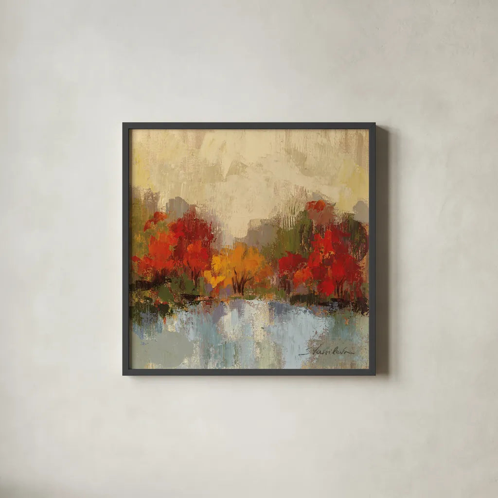 Fall Riverside I by Silvia Vassileva. Shown in a sleek black glass frame for a contemporary gallery look. Available as an archival giclee rolled canvas, fine art paper, or poster print. SKU 11881a.