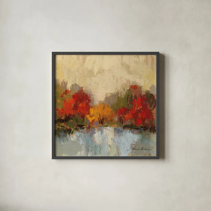 Fall Riverside I by Silvia Vassileva. Shown in a sleek black glass frame for a contemporary gallery look. Available as an archival giclee rolled canvas, fine art paper, or poster print. SKU 11881a.
