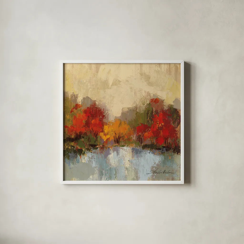 Fall Riverside I by Silvia Vassileva. Shown in a crisp white glass frame for a clean and minimalist style. Available as an archival giclee rolled canvas, fine art paper, or poster print. SKU 11881a.